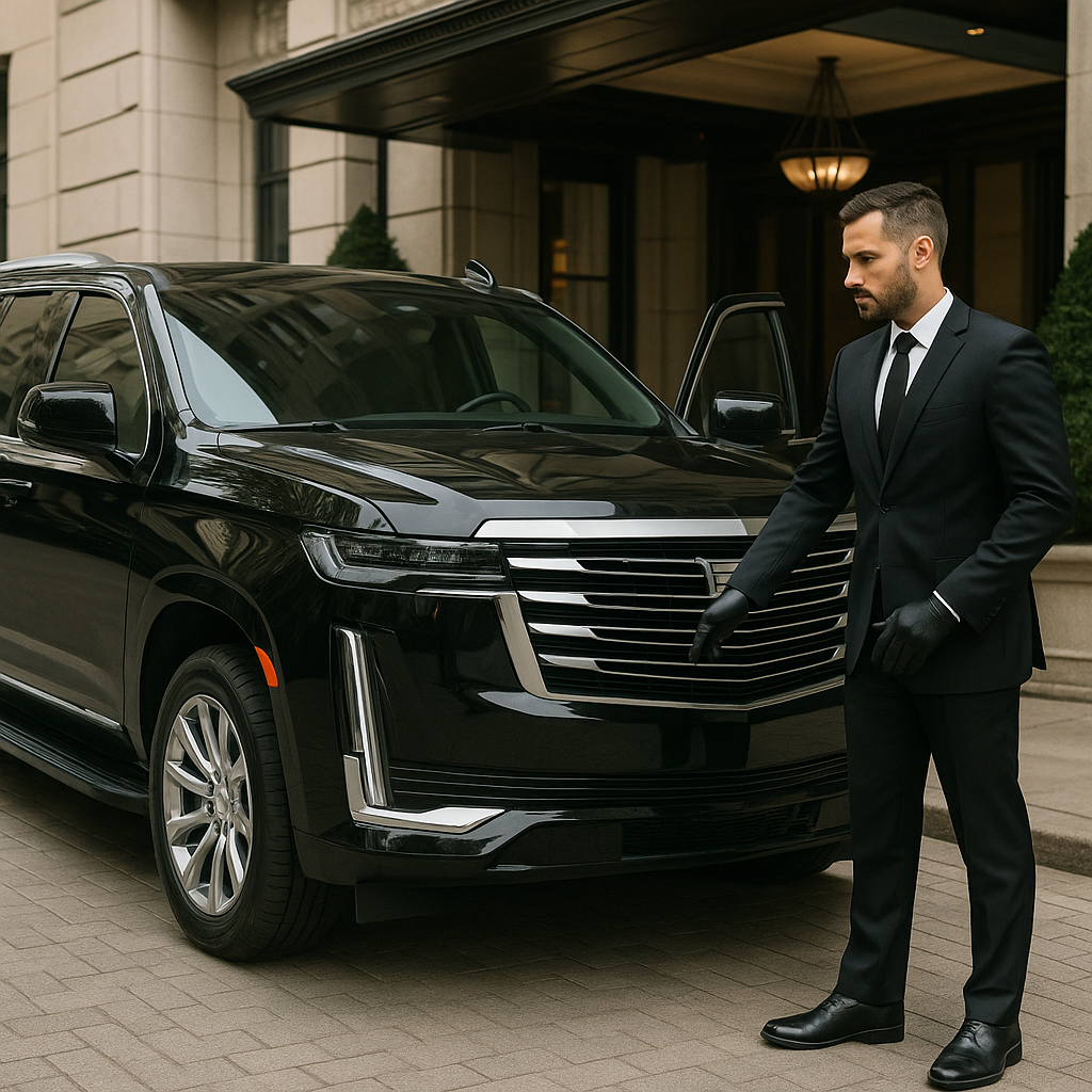 Cadillac Escalade negra de lujo con escolta profesional en CDMX, transporte ejecutivo Golden Drive