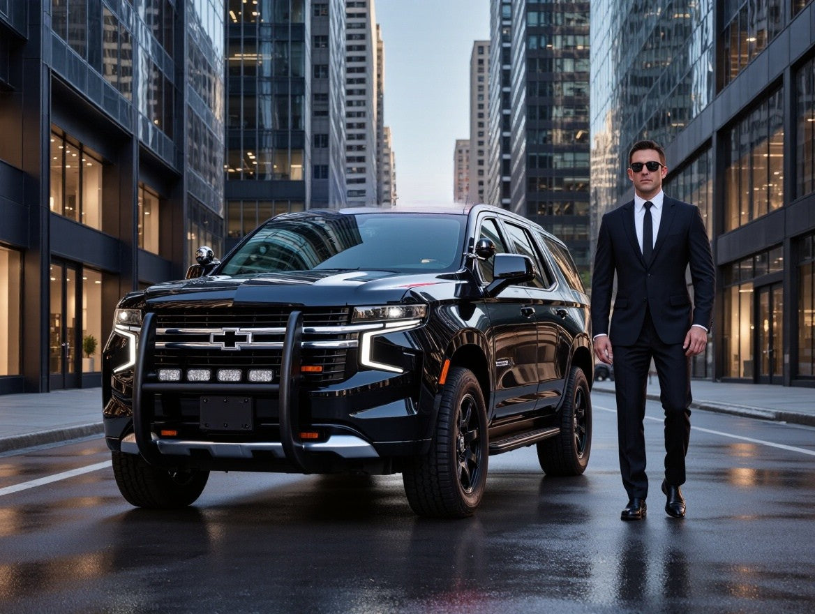 Tahoe Police escoltando vehículo de lujo en CDMX, servicio de seguridad Golden Drive