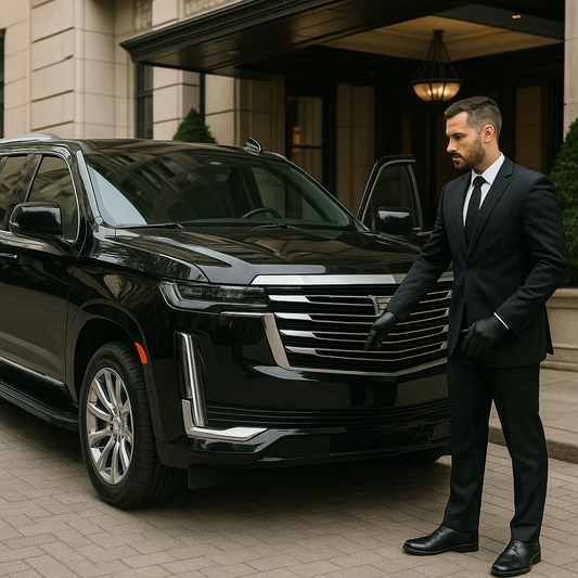 Cadillac Escalade negra de lujo con escolta profesional en CDMX, transporte ejecutivo Golden Drive