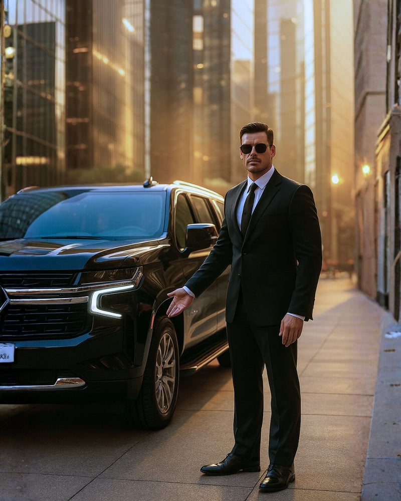 Suburban negra de lujo con escolta profesional en CDMX, transporte ejecutivo seguro Golden Drive